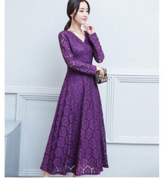 

v-neck lace dress 2018 spring and autumn new women's fashion dress, Black;gray