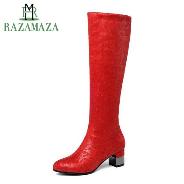

razamaza fashion women high heels boots print round toe warm shoes women winter print mid calf boots thick heel shoe size 34-40, Black