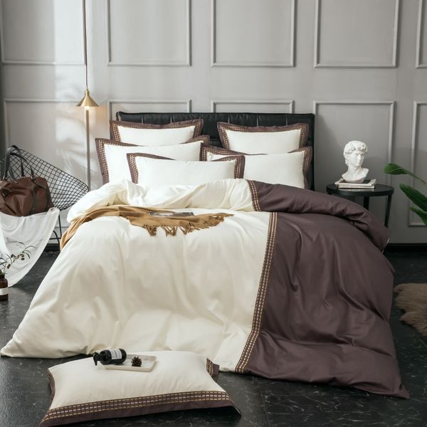 

coffee luxury embroidery bedding set /king size stain bed set 4/6pcs egyptian cotton duvet cover bed sheet sets