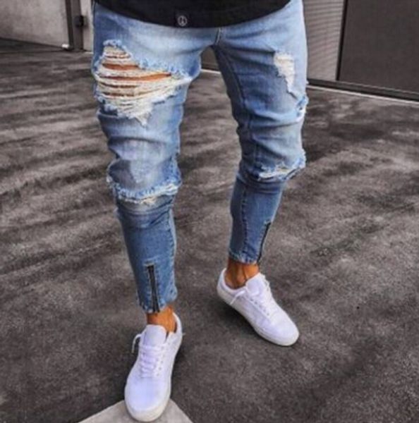 

men's jeans biker high street ripped men fashion holes design zippers long pencil pants slim fit trousers clothing, Blue