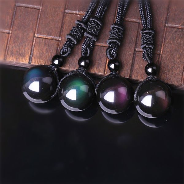 

rainbow color natural obsidian eye transfer good lucky bead pendant necklace polyester rope chain necklace jewelry for woman, Silver
