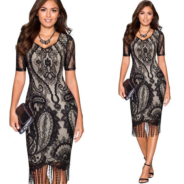 

women's elev-neck lace tunic tassel wear to work business office casual party bodycon stretch pencil one piece dress suit, White;black