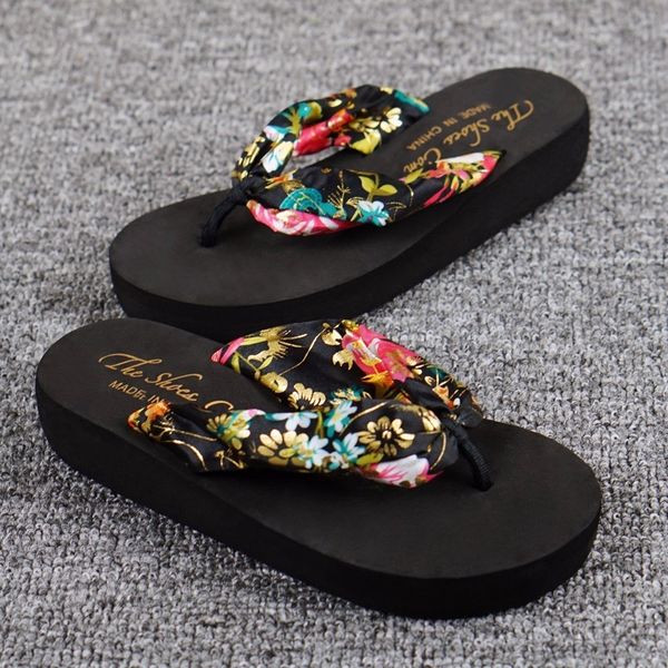 

women slippers summer fashion slippers bohemian satin cloth thick platform wedges sandals, Black