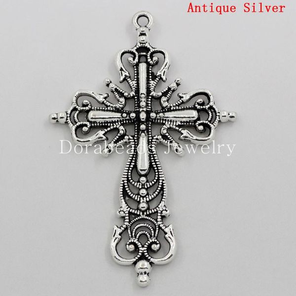 

doreen box lovely charm pendants cross antique silver hollow pattern carved 6.4x4.2cm,5pcs (b23606, Black