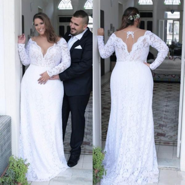 Retro Spitze Plus Size Brautkleider 2018-2019 Sheer Neck Long Sleeves Brautkleider Hollow Back Wedding Vestidos Customized