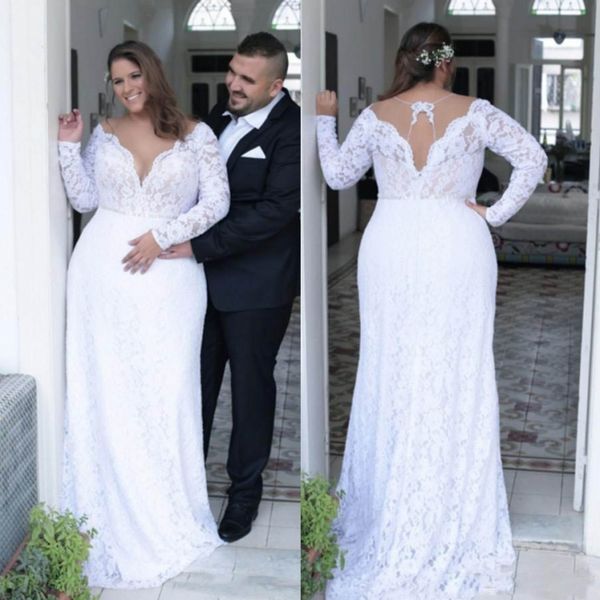 

retro lace plus size wedding dresses 2018-2019 sheer neck long sleeves bridal gowns hollow back wedding vestidos customized, White