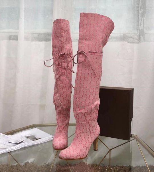 

Chic branded women print canva over the knee pointed toe boot de igner lady leather trim knot thigh high rubber ole boot ize eu35 42, Black