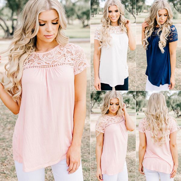 

women summer vest lace short sleeve o-neck shirt blouse casual long blouses, White