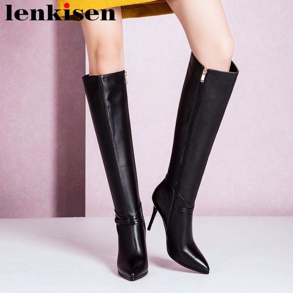 

lenkisen pop european stars pointed toe zipper large size super hight heels cow leather balck color women knee-high boots l92, Black