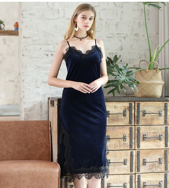 

золото бархат пижамы зимние дамы длинные кружева слинг сплит ночь платье, Black;red