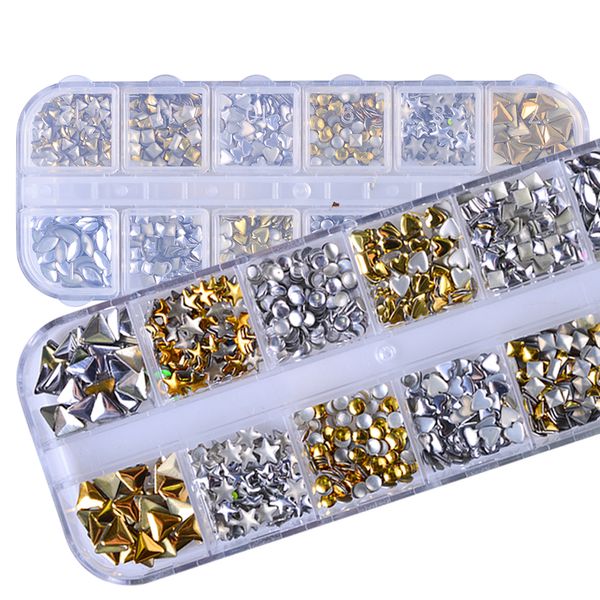 

12 grids/set gold silver rivet dust nail decorations diy cool decor accessory for 3d nail art manicure rhinestones ch125, Silver;gold