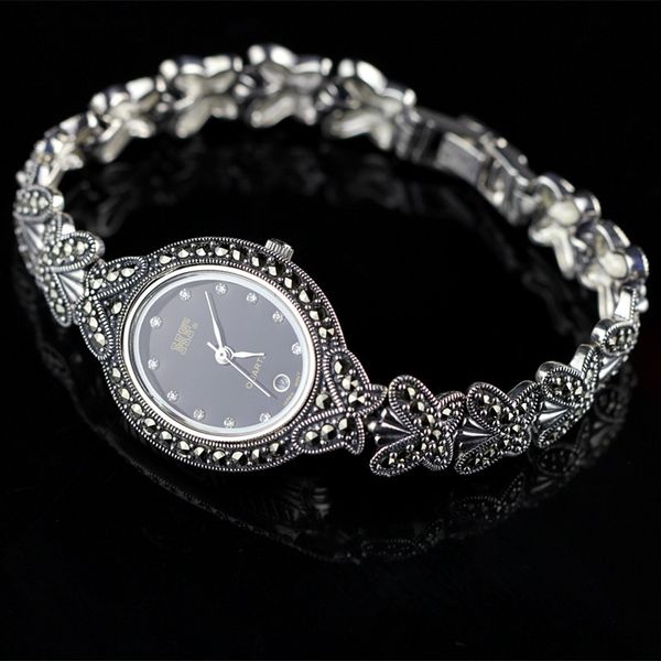 

s925 pure silver accessories wholesale authentic thai hand mark the female butterfly antique watch, Golden;silver