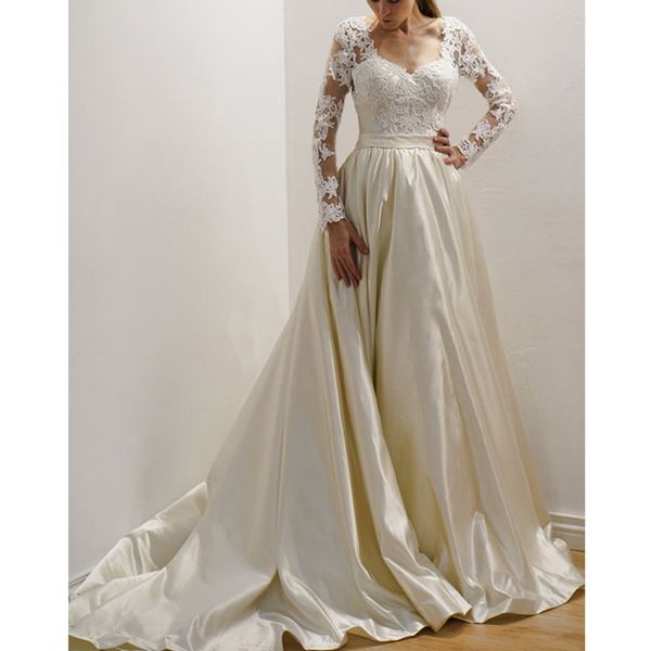 

elegant satin a-line wedding dresses sweetheart appliques lace long sleeve court train bridal gowns vestido de novia, White
