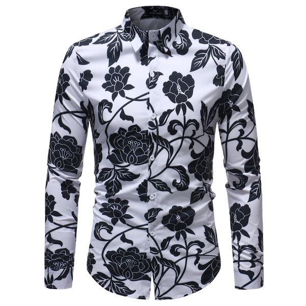 

new arrival men printed floral shirts slim fit turn-down collar shirt men long sleeve dress shirts big sizes, White;black