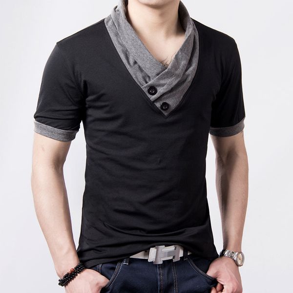 

2018 new mens summer casual t-shirt fashion slim short sleeve v neck male shirt button decorating size m-5xl, White;black