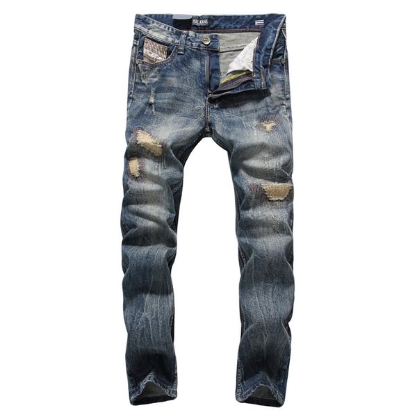 

shabiqi 2018 fashion men jeans brand straight fit ripped jeans designer 100% cotton distressed denim men,777, Blue