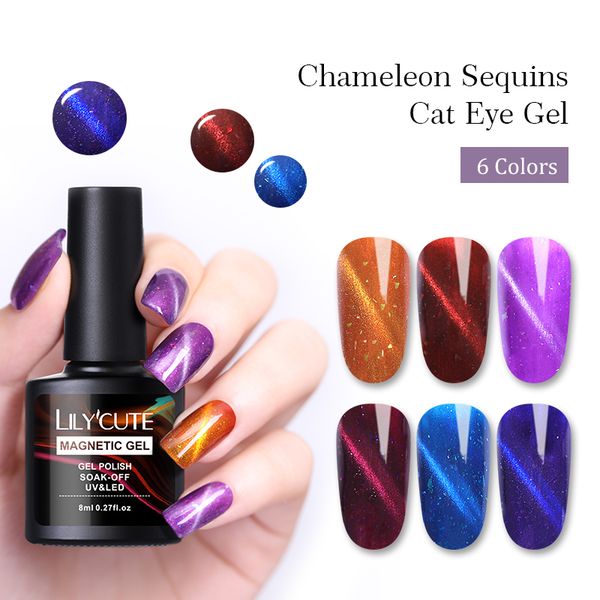 

lilycute 8ml chameleon cat eye sequins gel polish magnetic 3d uv soak off gel nail varnish long lasting manicure diy, Red;pink