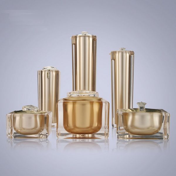 

15g 30g 50g 30ml 50ml 100ml empty gold square shape acrylic lotion cream pump bottle cosmetic container luxury bow cream jar