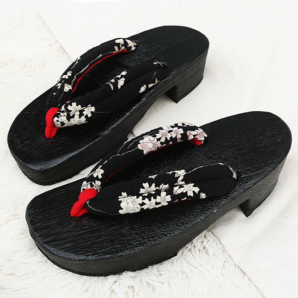 

charming summer flip flops woman sandals japanese geta candlenut shoes flat heel cosplay costume black wooden slippers
