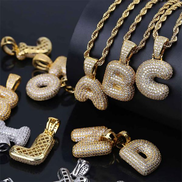 

men women luxury micro pave iced out cubic zirconia a-z english letter pendant necklace with 24inch rope chain silver gold hip hop jewelry