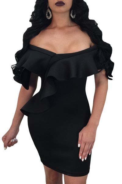 

women the latest fashion trend hollow out formal pencil graduation party black ruffle off shoulder bodycon mini dress 220274, White;black