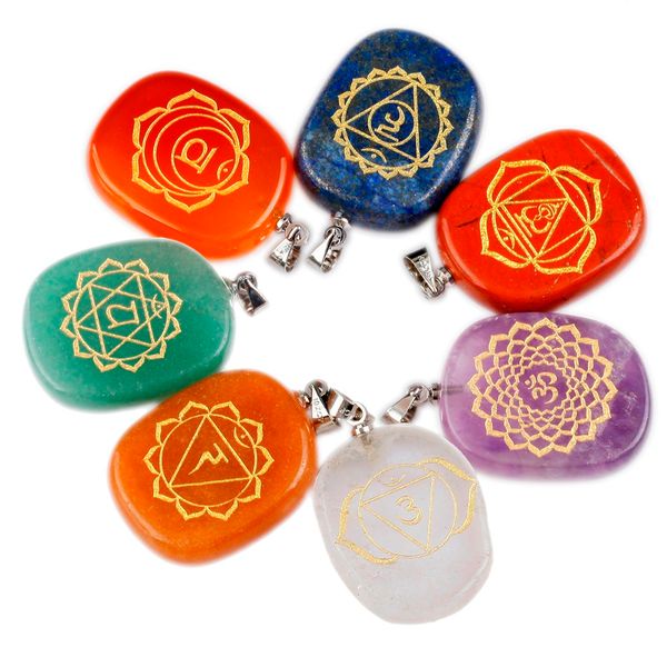 

sunyik 7 chakra oval engraved stones reiki healing energy balance pendant,set of 7, Black