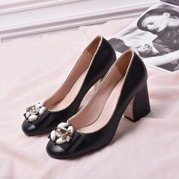 

original box] luxury fashion l womens high heel 75mm pumps dress wedding bee slip-on chunky heel pearl real leather shoes size 35-40, Black