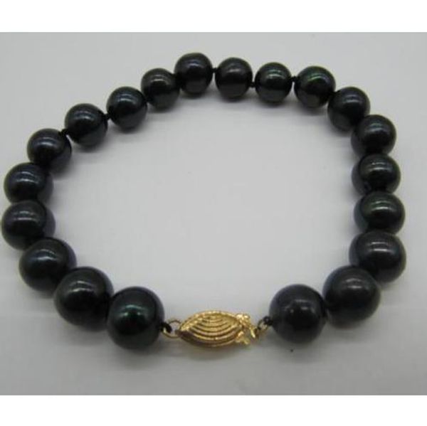 

9-10mm natural tahitian black pearl bracelet 7.5-8 inch 14k yellow gold clasp