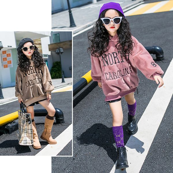 

cotton letter baby girl sweatshirt clothes 2018 new autumn winter plus velvet thickened long hooded for kids girls clothes ca096, Black