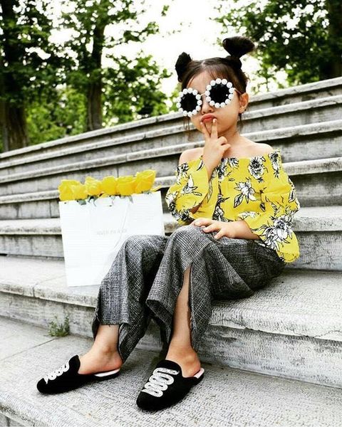 

fashion children's set off-shoulder high waist wide-legged trousers floral clothing set yellow printed pants costume, White