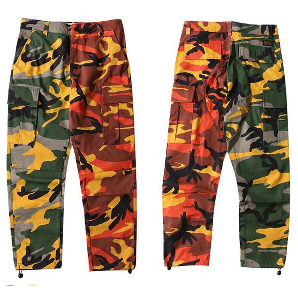 Homens Dois-Tom Camo Calças Hip Hop Patchwork Camuflagem Calças de Carga Militar Algodão Casuais Multi-bolsos Pant Streetwear