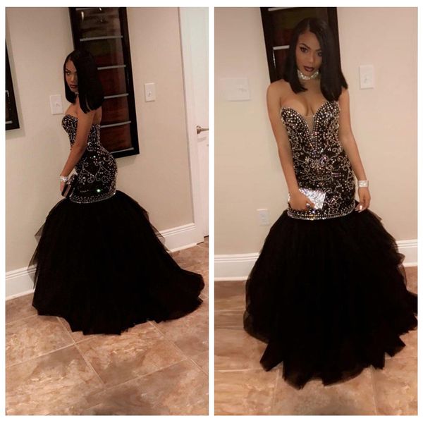 

bling bling slim black crystal beading mermaid prom dresses 2021 sweetheart tulle black and gold evening party gowns black girl vestidos