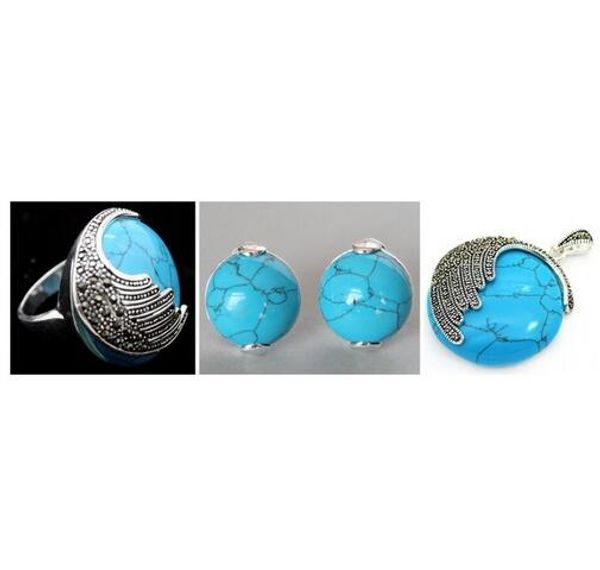 

vintage blue turquoises 925 sterling silver marcasite ring (#7-10) pendant and earrings sets fgcb, Black
