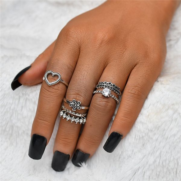 

6pcs/set hollow heart crystal crown wedding rings carved statement cubic ziron flower knuckle rings women party jewelry christmas gift, Golden;silver