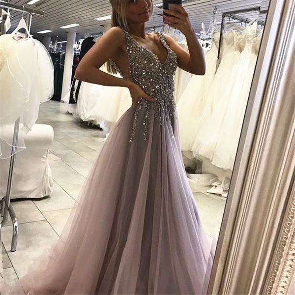 

a-line open back tulle prom dress v-neck prom dress long formal dresses long tulle beading grey evening dress, Black