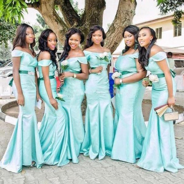 

2018 African Bridesmaids Dresses Off Shoulder Mermaid Zipper Back Floor Length Mint Arabic Maid of Honor Dress Wedding Guest Party Gowns