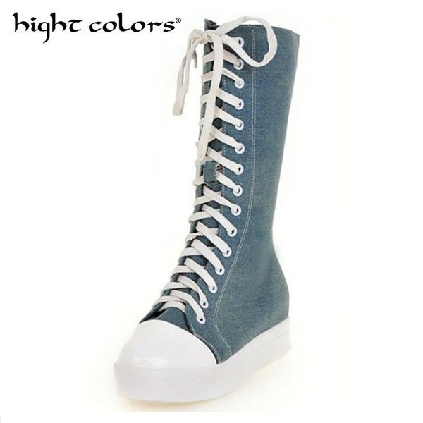 

fashion canvas women knee high boots round toe short plush women snow boots tall punk casual platform flat shoes, Black