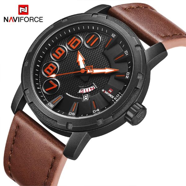 

naviforce men watch fashoin sport date week quartz leather wristwatch 30m waterproof relogio masculino clock hour new 2019 brown, Slivery;brown