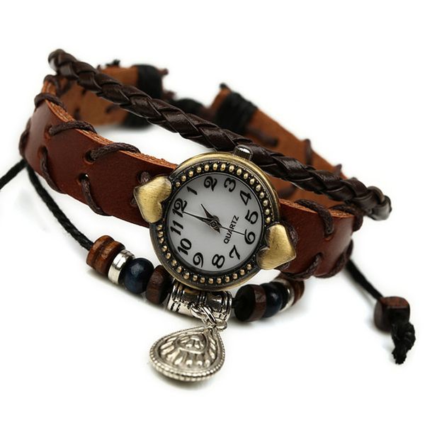 

punk watch brown multilayer digital watch mens leather rope lace up clasp watches sport casual wrist party jewelry, Slivery;brown