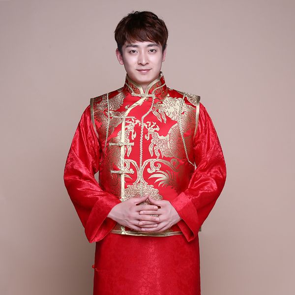 

male cheongsam chinese style costume the groom vestido jacket long gown traditional chinese wedding dress men ethnic clothing, Red