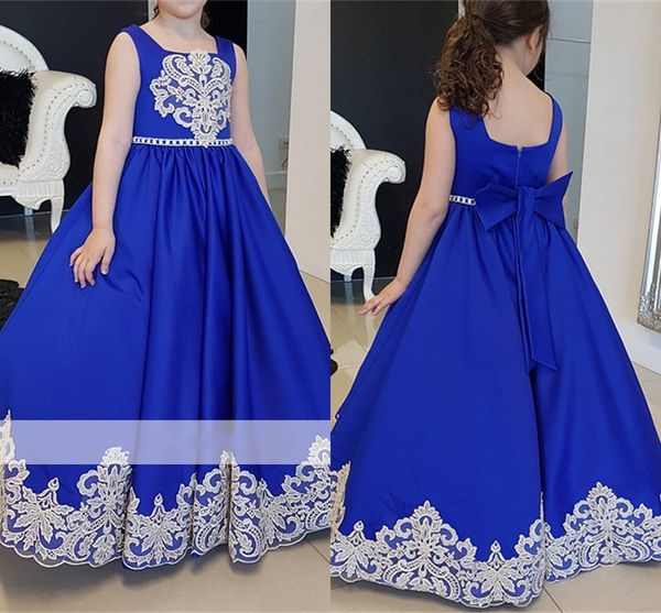 Blaue neue königliche billige kleine Mädchen-Festzug-Quadrat-Ausschnitt-bodenlangen weiße Applikations-Kind-Abschlussball-Blumenmädchen-Kleider nach Maß