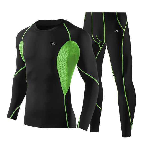 

men compression running jogging suits clothes sport set long t-shirt and pants gym fitness workout tights clothes 2pcs / sets, Black;blue