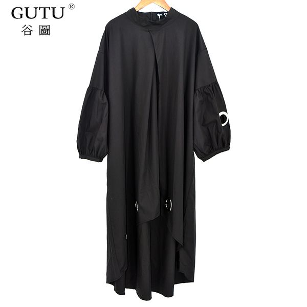 

gutu] 2018 spring new pattern o-neck full lantern sleeve black hollow out metal ring big size ladies fashion dress je29201, White;black