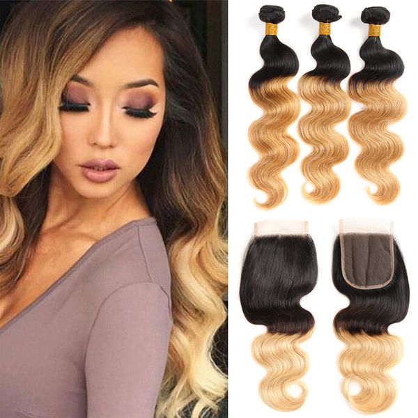 

8a two tone 1b/27 honey blonde dark roots peruvian ombre body wave virgin human hair bundles with middle 3part lace closure, Black;brown