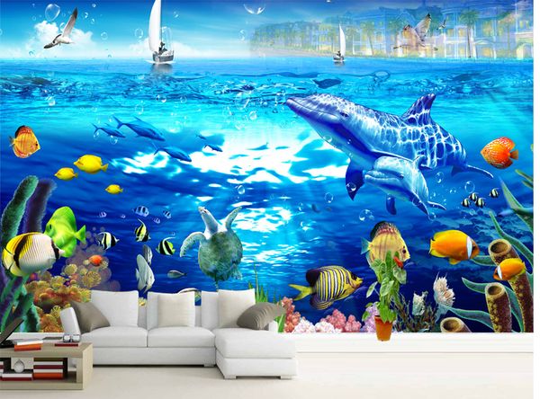 

подгонянный розничный 3d морской мир красивая стена красивый подводный мир дельфин подводное плавание рядом с различными мелкими рыбками