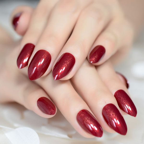 

claret-red false nails almond oval stiletto sharp shimmer burgundy red fake nail pointed full cover uv gel wear nep nagels, Red;gold