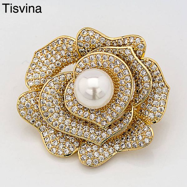 

tisvina inlaid zircon flower brooches fine jewelry freshwater pearl banquet weddings brooch pins corsage elegant and noble, Slivery;golden