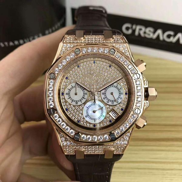 

2021 new sports fashion watches mens quartz watches leather strap 42mm diamond mens watches sports watch self-wind watch, Slivery;brown