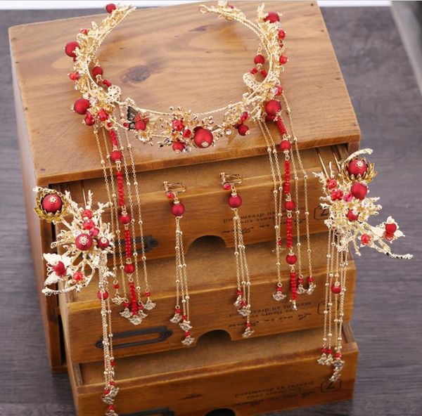 Spose cinesi copricapo da sposa nuovo abito da sfilata di moda, ornamenti della corona di fenice, accessori per foto di matrimonio rosso in costume antico