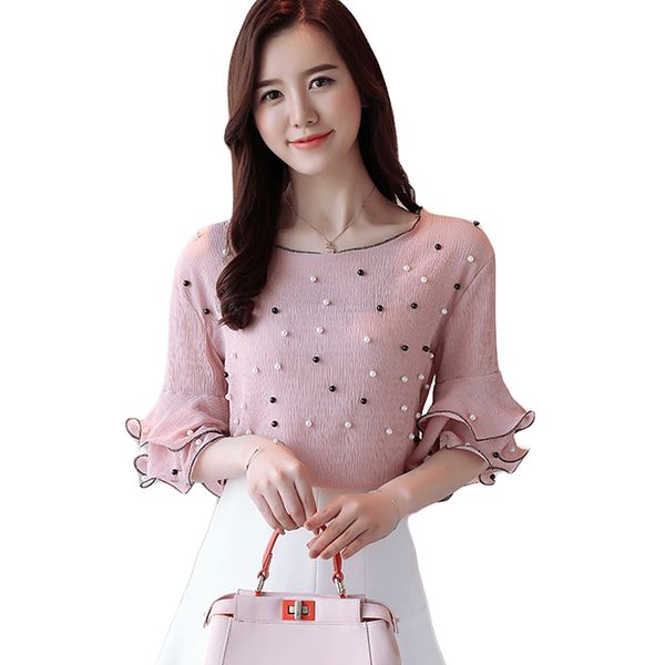 

girls sweet flare sleeve chiffon shirt 2018 summer women elegant pearls beading chiffon blouses ladies loose casual cm103, White